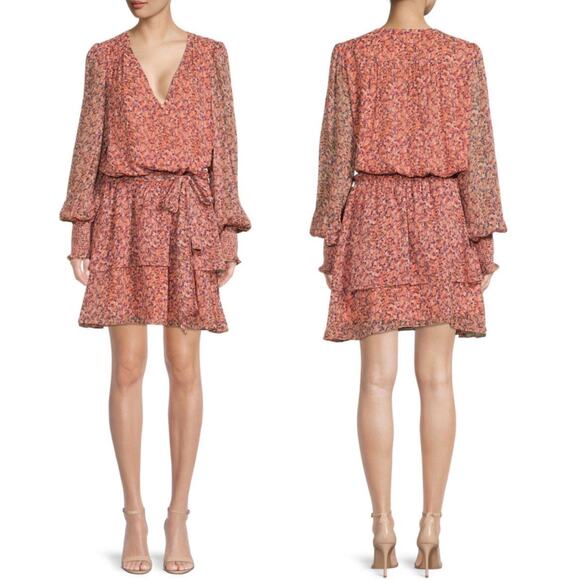 NWT Ramy Brook Xian Floral Tiered Tie Waist Long Sleeve Mini Dress Orange Small - Picture 2 of 16